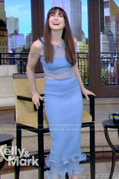 Anne Hathaway’s blue ruffle skirt and top on Live with Kelly and Mark