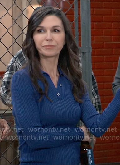 Anna’s blue rib knit polo top on General Hospital