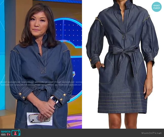 Anna Mason Wo Mia Contrast Stitch Denim Minidress worn by Juju Chang on Good Morning America