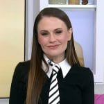 Anna Paquin’s black contrast tie neck dress on Today