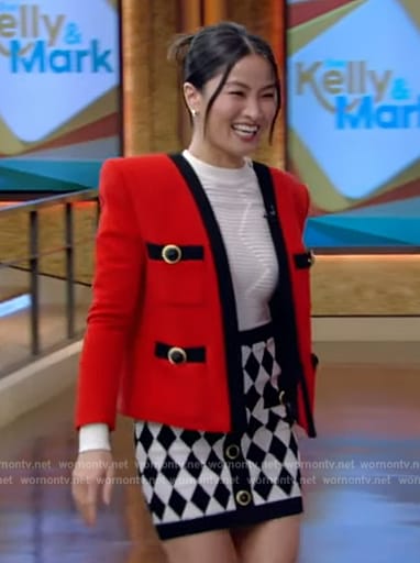 Anna Sawai’s red jacket and printed mini skirt on Live with Kelly and Mark