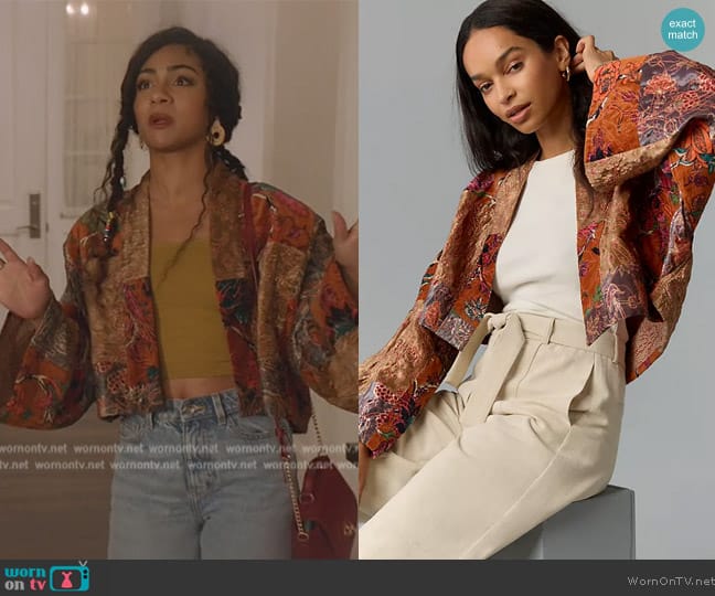 Anthropologie Velvet Patchwork Kimono worn by Patience (Chelsea Tavares) on All American