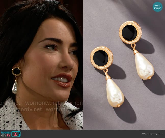 By Anthropologie Vintage Pearl-Drop Earrings worn by Steffy Forrester (Jacqueline MacInnes Wood) on The Bold and the Beautiful