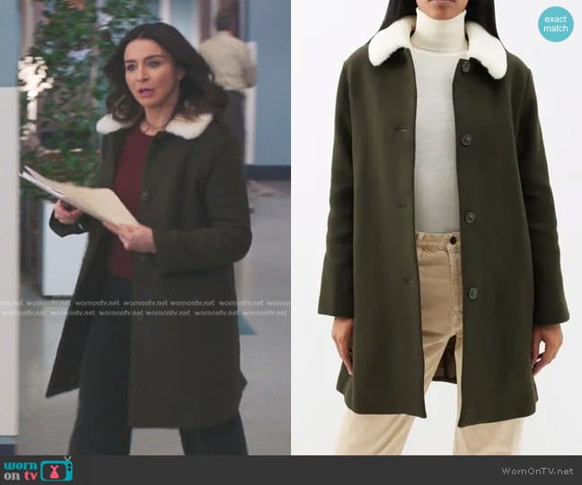 A.P.C. New Doll Faux-Shearling Collar Wool-Blend Coat in Dark Green worn by Amelia Shepherd (Caterina Scorsone) on Greys Anatomy