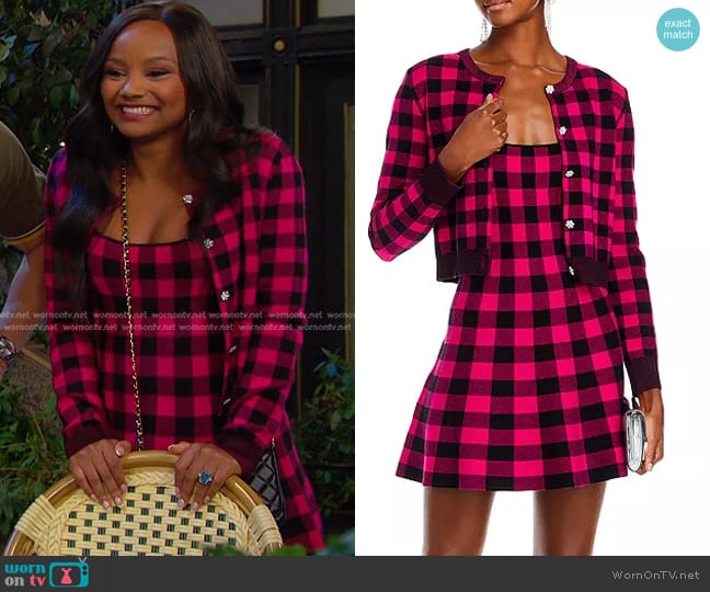 Aqua Plaid Scoop Neck Dress and Cardigan Sweater worn by Chanel Dupree (Raven Bowens) on Days of our Lives