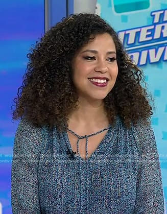 Arianna Davis's blue printed tie neck blouse on Today