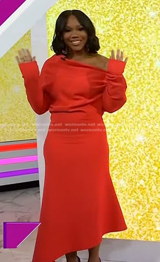 Sarah Jakes Roberts’s red off-shoulder asymmetric dress on Today