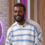 Luke James’s blue stripe sweater and metallic jeans on Sherri