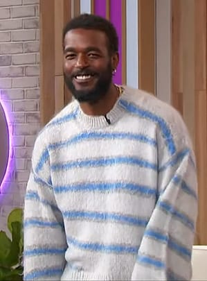 Luke James’s blue stripe sweater and metallic jeans on Sherri