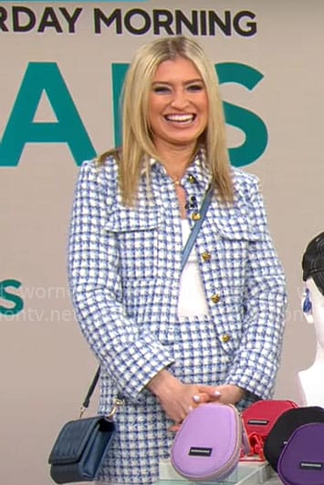 Ashley Bellman's blue checked tweed jacket and skirt set on CBS Mornings