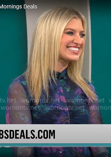 Ashley Bellman's blue printed mesh dress on CBS Mornings