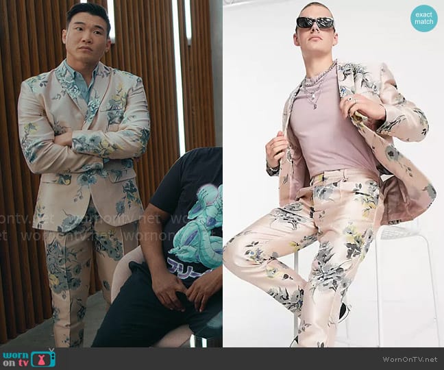 Reclaimed Vintage Inspired Couture suit jacket in floral print worn by Nicholas (Joel Kim Booster) on Loot