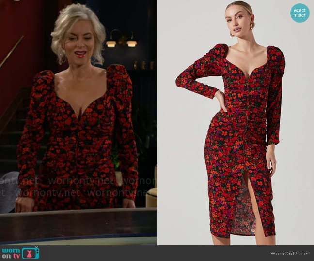 ASTR The Label Jamila Sweetheart Neck Dress in Red Orange Multi worn by Ashley Abbott (Eileen Davidson) on The Young and the Restless