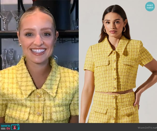 ASTR the Label Mavey Cropped Tweed Jacket worn by Daisy Kent on The Kelly Clarkson Show