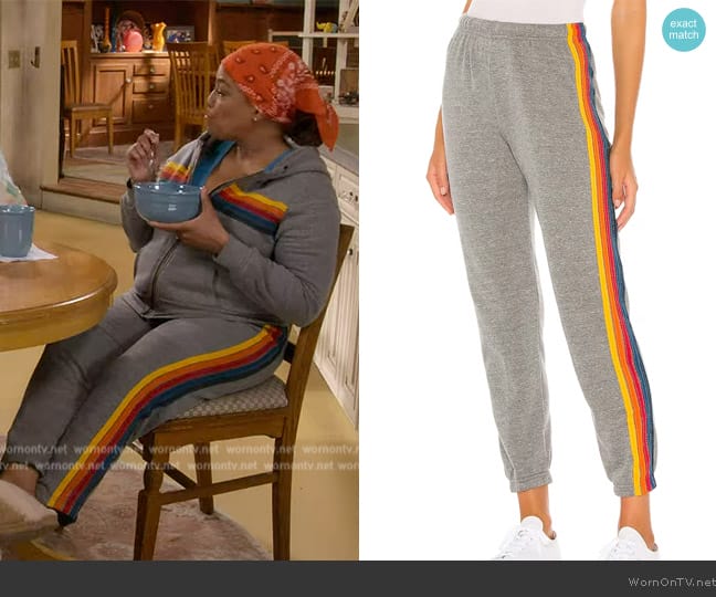 Aviator Nation 5 Stripe Sweatpants worn by Regina Upshaw (Kim Fields) on The Upshaws