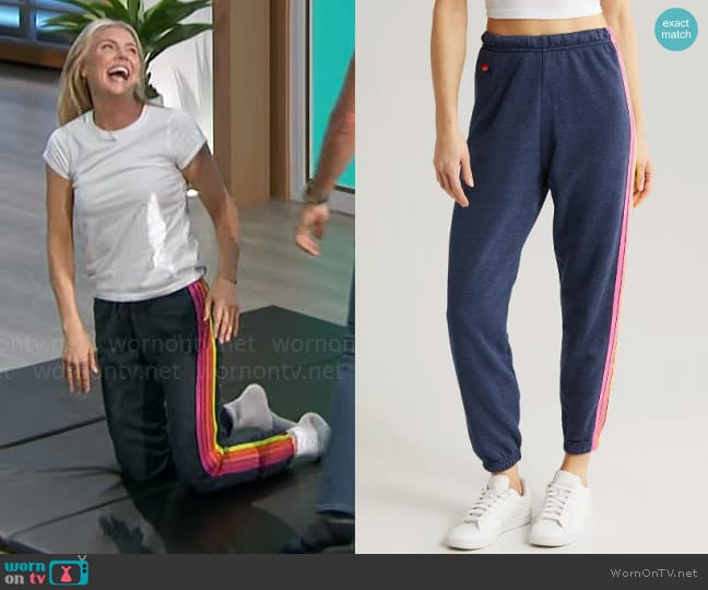 Aviator Nation Stripe Sweatpants in Heather Navy Neon worn by Amanda Kloots on The Talk