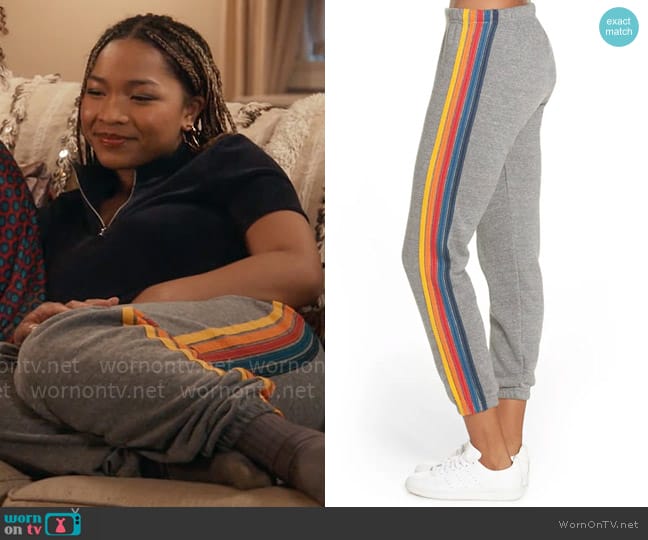 Aviator Nation Stripe Sweatpants in Heather worn by Delilah (Laya DeLeon Hayes) on The Equalizer