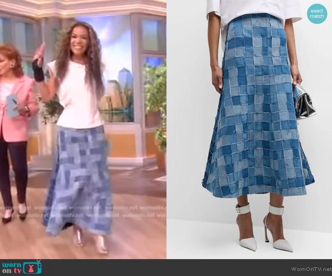 AWAKE MODE Upcycled Denim Flare Skirt worn by Sunny Hostin on The View