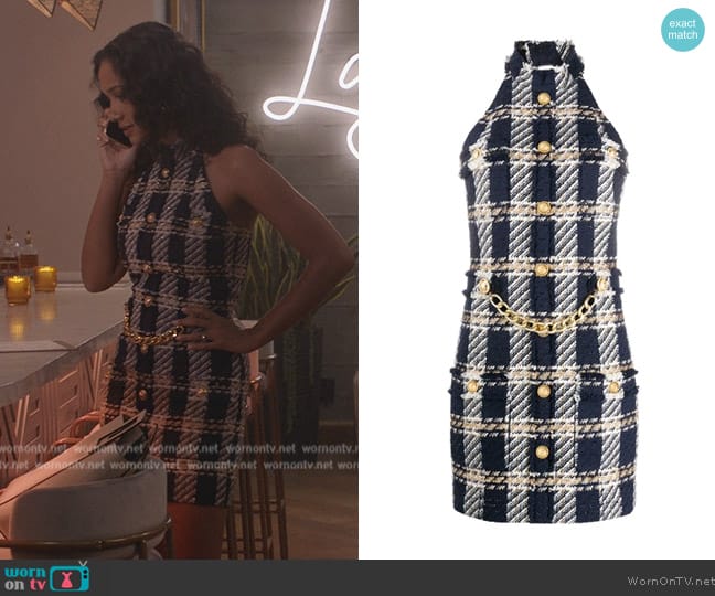 Balmain Chain-Detail Tweed Dress in Blue worn by Layla Keating (Greta Onieogou) on All American