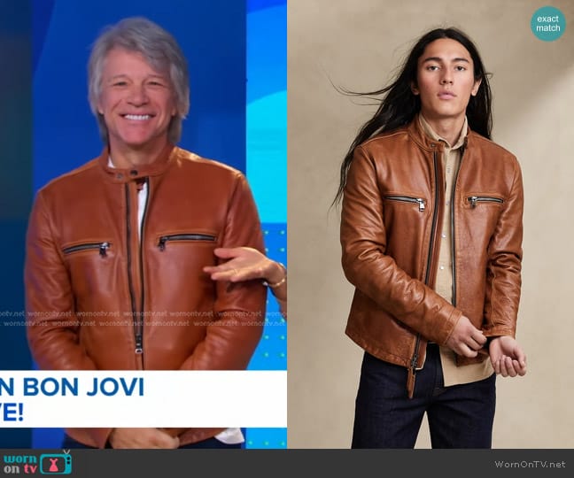 Banana Republic Leather Biker Jacket in Cognac Brown worn by Jon Bon Jovi on Good Morning America