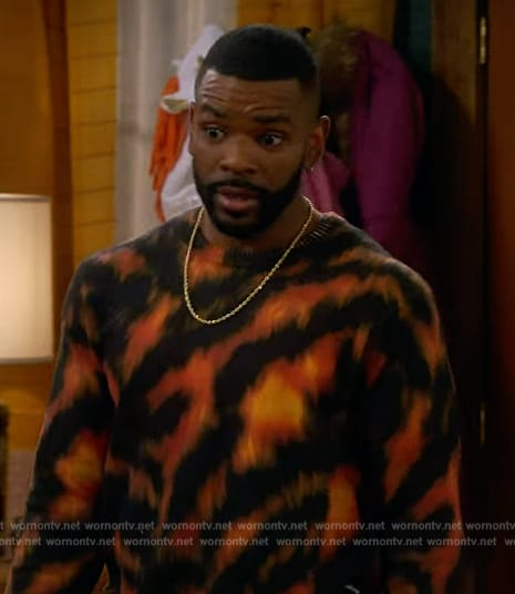 Bernard's tiger stripe cashmere sweater on The Upshaws