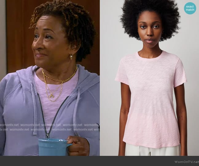 ATM Anthony Thomas Melillo Slub Jersey Schoolboy Short Sleeve Crew Neck Tee in Ballet Pink worn by Lucretia Turner (Wanda Sykes) on The Upshaws