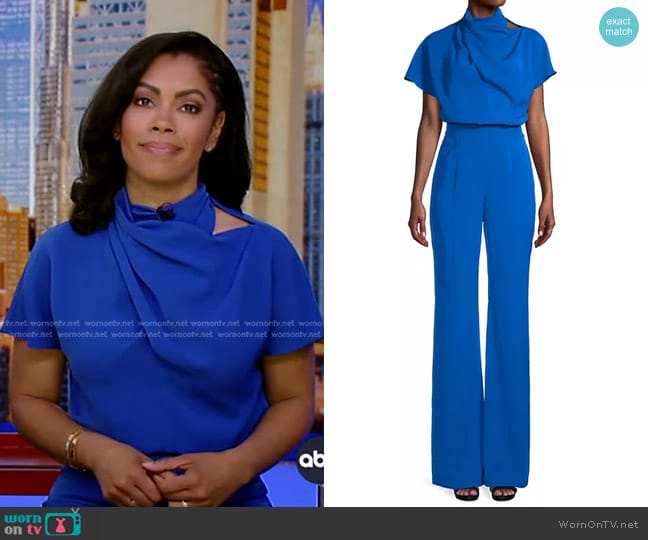 Black Halo Estella High-Neck Jumpsuit in Jewel Blue worn by Shirleen Allicot on Good Morning America