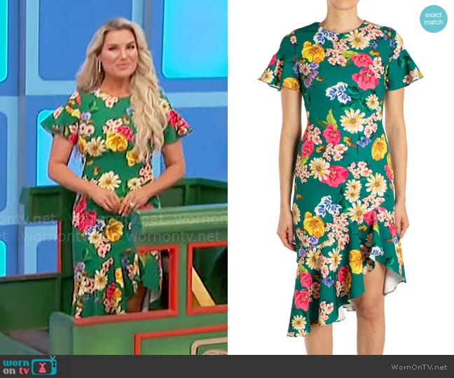 Black Halo Breelle Dress in Outlined Green worn by Rachel Reynolds on The Price is Right