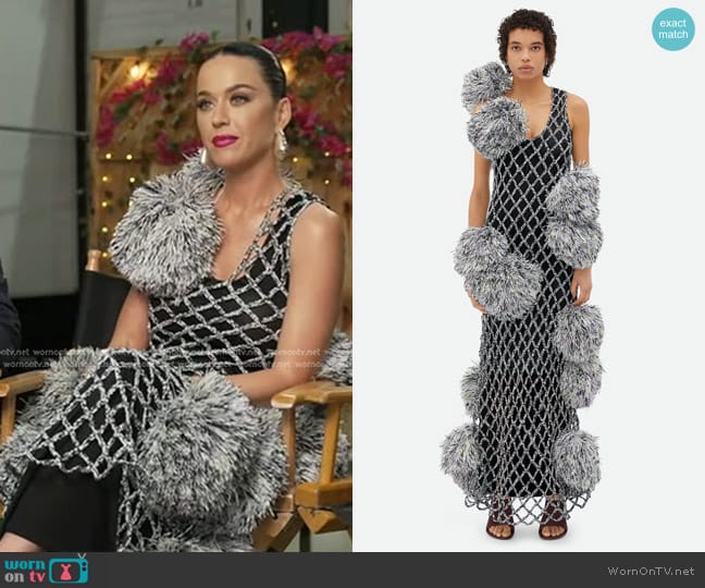 Bottega Veneta Paper Mesh Crochet Dress With Pompom worn by Katy Perry on Good Morning America