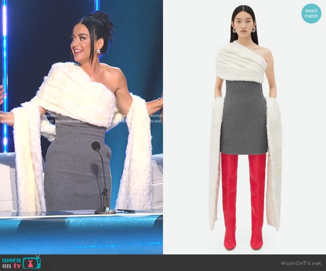 Bottega Veneta Textured Wool Mini Dress With Shearling Detail worn by Katy Perry on American Idol