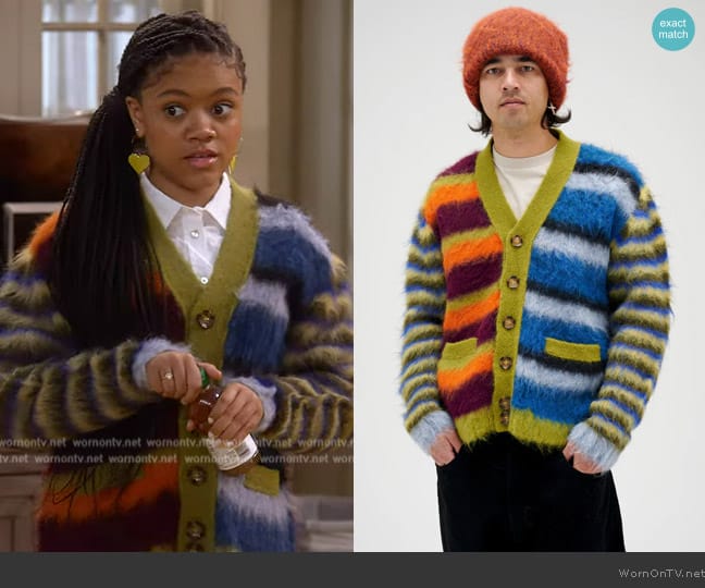 Brain Dead Blurry Lines Alpaca Cardigan worn by Aaliyah Upshaw (Khali Spraggins) on The Upshaws