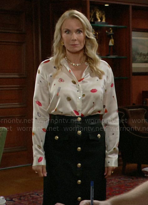 Brooke's novelty print blouse and leather skirt with buttons on The Bold and the Beautiful