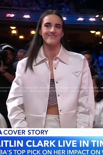 Caitlin Clark's white satin shirt jacket and skirt on Good Morning America