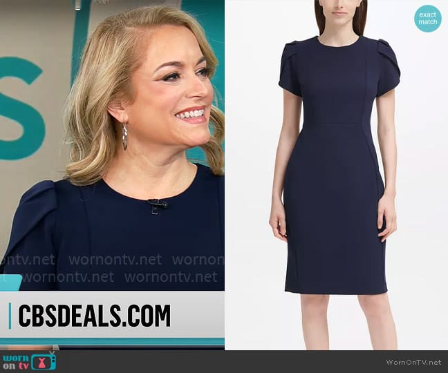 Calvin Klein Tulip-Sleeve Sheath Dress in Indigo worn by Katie McGee on CBS Mornings