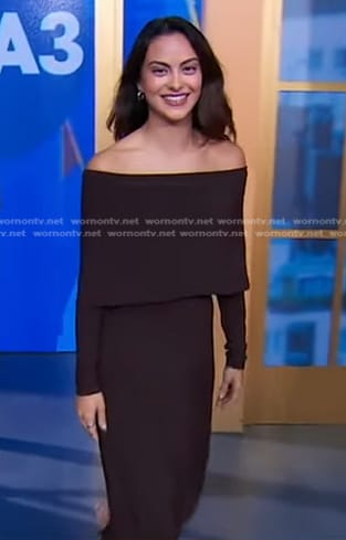 Camila Mendes’s brown off-shoulder dress on Good Morning America