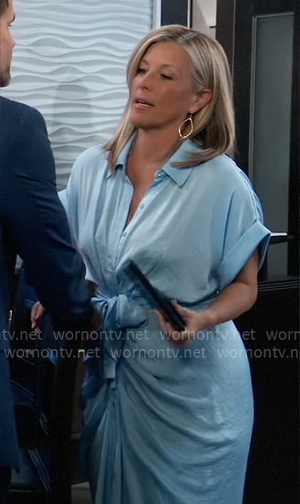 Carly's blue tie-waist shirtdress on General Hospital