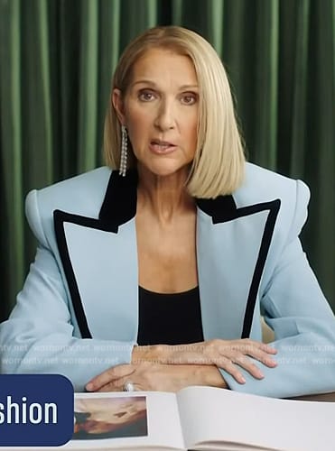 Celine Dion’s blue contrast trim blazer on E! News