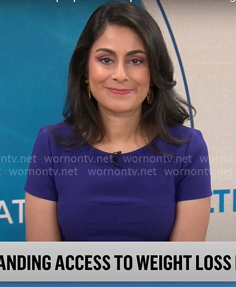 Dr. Celine Gounder’s purple short sleeve dress on CBS Mornings