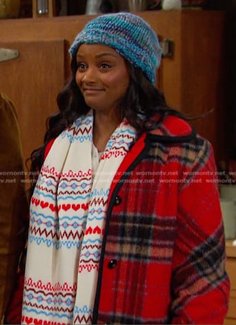 Chanel's red plaid coat and wool scarf on Days of our Lives