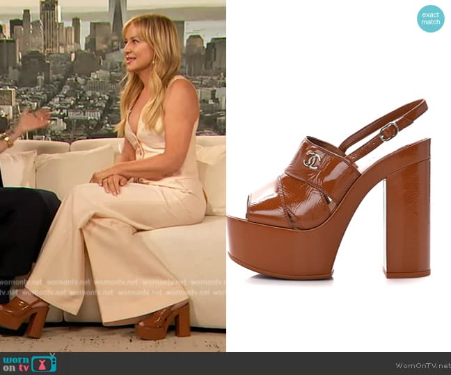 Chanel Crumpled Patent Lambskin Platform Sandals worn by Jessica Capshaw on The Drew Barrymore Show