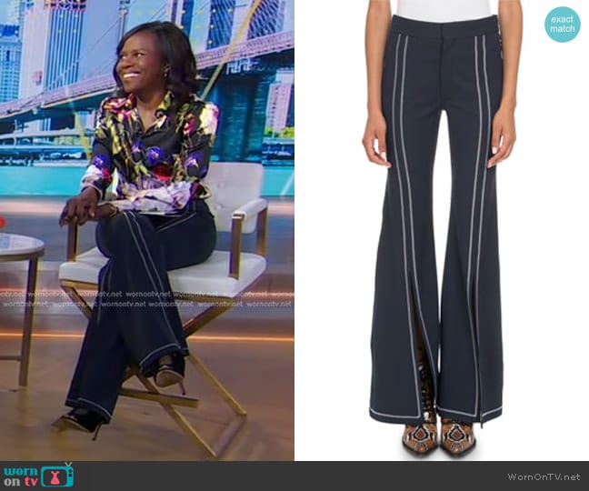 Chloe Topstitched Slit-Front Flared-Leg Stretch-Wool Pants worn by Deborah Roberts on Good Morning America