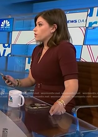 Chloe Melas’s burgundy belted short sleeve dress on NBC News Daily