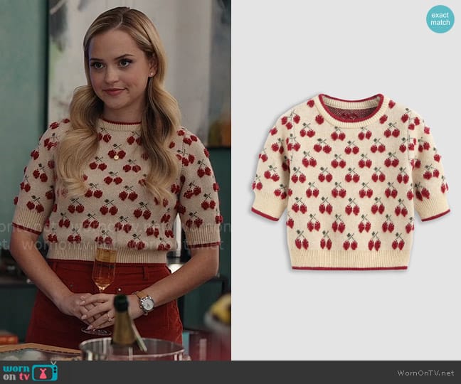 Cider Contrasting Binding Cherry Pattern Knitted Crop Top worn by Ainsley (Stephanie Styles) on Loot