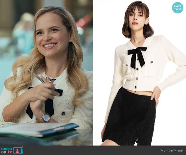 Cider V-neck Bowknot Button Up Knit Crop Cardigan worn by Ainsley (Stephanie Styles) on Loot