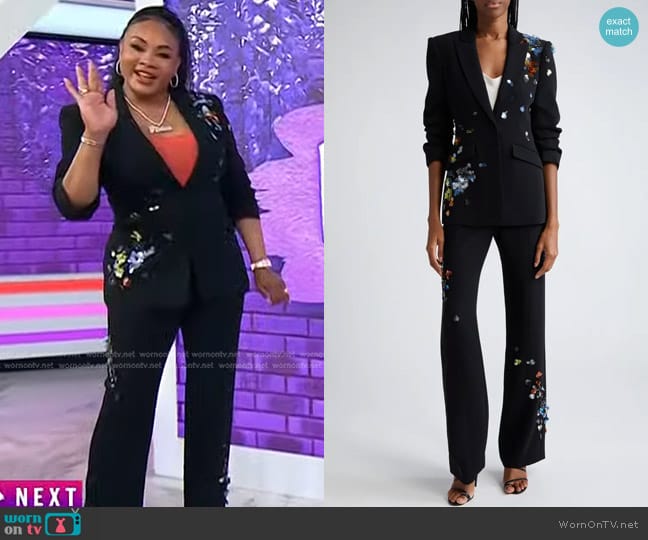 Cinq a Sept Cheyenne Sequin Flower Blazer and Kingsley Pants worn by Vivica A. Fox on Today