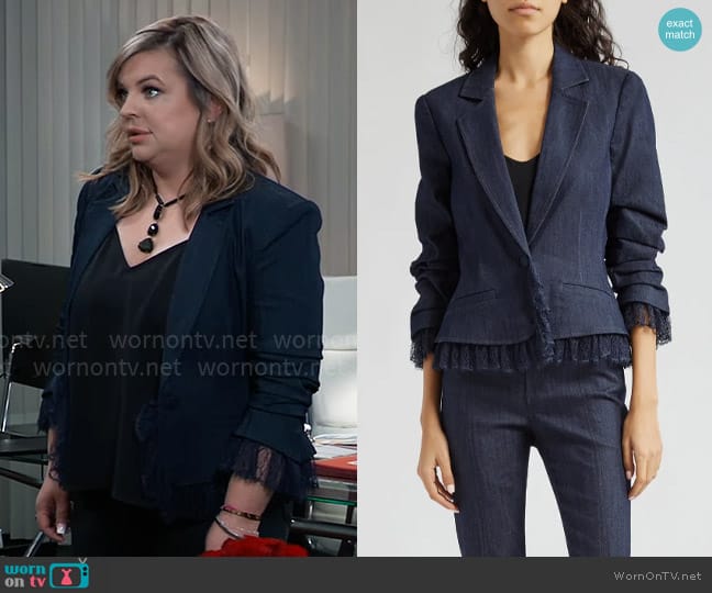 Cinq a Sept Le Petit Roxie Denim Jacket worn by Maxie Jones (Kirsten Storms) on General Hospital