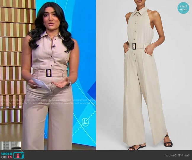 Club Monaco Belted Sleeveless Jumpsuit in Tan worn by Reena Roy on Good Morning America