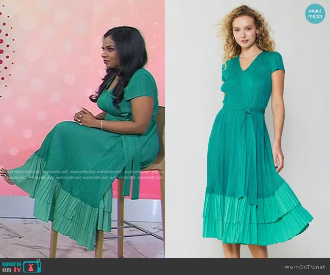 Current Air Pleated Colorblock Midi Dress in Teal worn by Niro Feliciano on Today