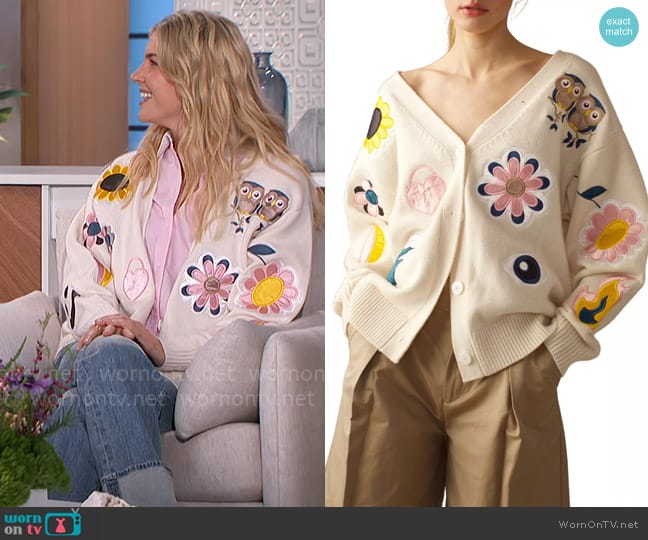 Cynthia Rowley Fun Patches Knit Button-Front Cardigan worn by Amanda Kloots on The Talk