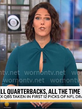 Dana Jacobson’s teal blue twisted keyhole dress on CBS Mornings